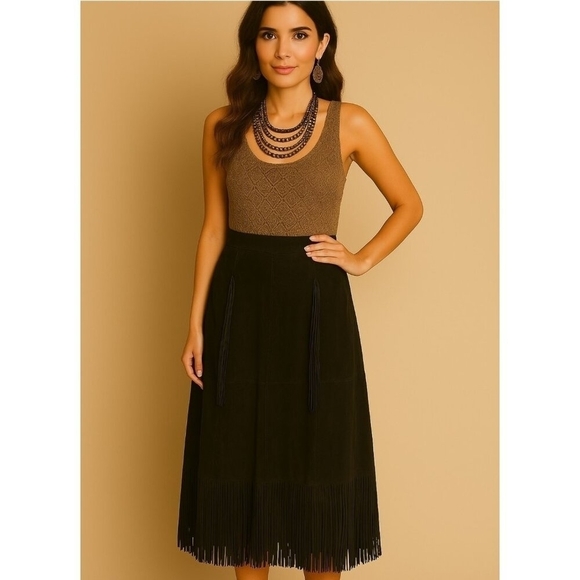 Black Suede Fringe Midi Skirt Boho Western Style – Size XS - Picture 1 of 8